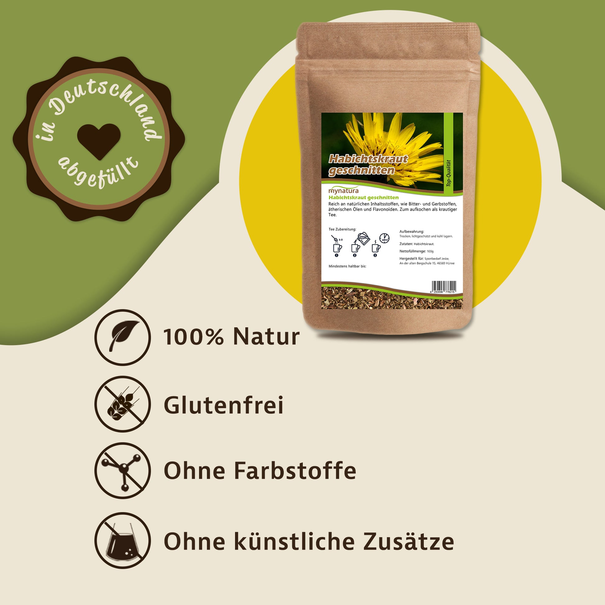 Beutel geschnittenes Habichtskraut 100g von mynatura auf grün-gelbem Hintergrund, daneben Hinweise zu Naturreinheit, glutenfrei und ohne Zusätze.