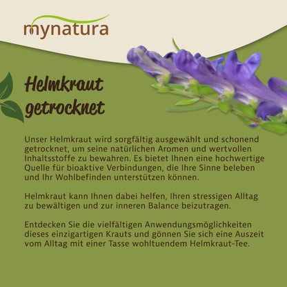 Nahaufnahme einer violetten Helmkraut-Blüte mit Text zu getrocknetem helmkraut und seinen nährstoffen auf grünem Hintergrund.