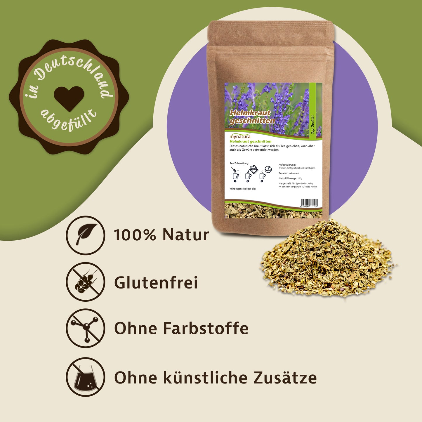 Beutel mynatura Helmkraut geschnitten neben einem Haufen getrocknetem helmkraut, Symbole für 100% Natur, glutenfrei, ohne Farbstoffe und künstliche Zusätze.
