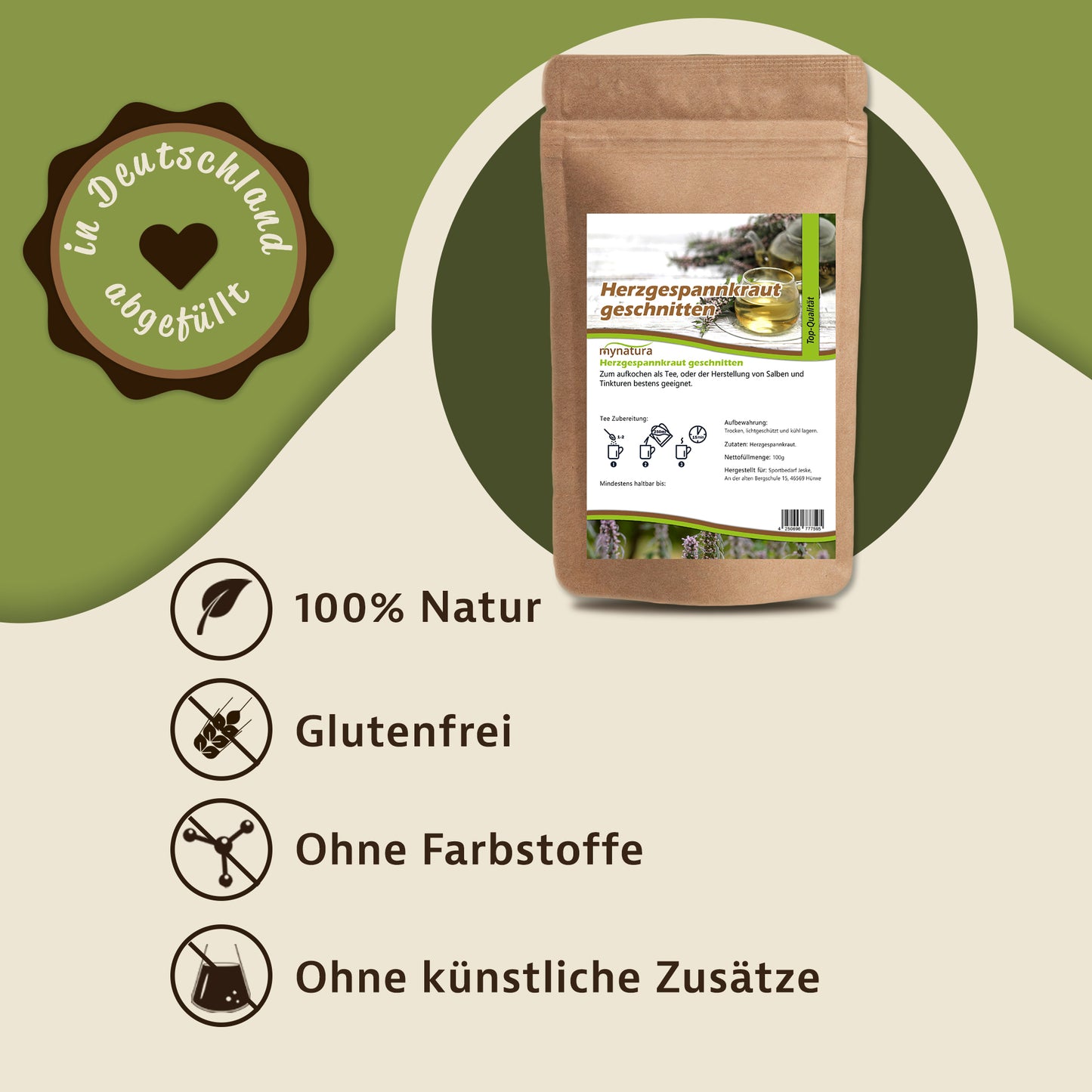 herzgespannkraut geschnitten im braunen Beutel, daneben Icons und Hinweise zu 100% naturbelassenem kräuterprodukt ohne künstliche Zusätze.