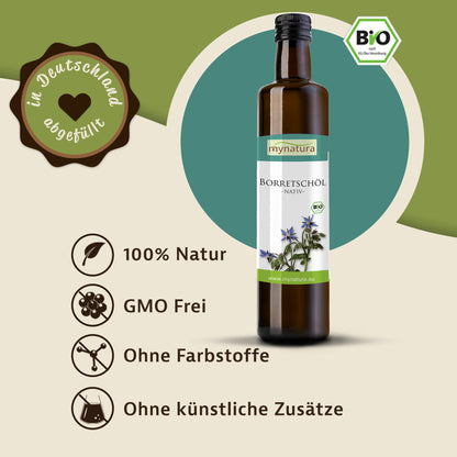 Borretschöl-Flasche von Mynatura vor grünem Hintergrund, daneben Symbole und Hinweise auf 100% Natur, GMO-frei, ohne Farbstoffe und künstliche Zusätze, kaltgepresstes Pflanzenöl.