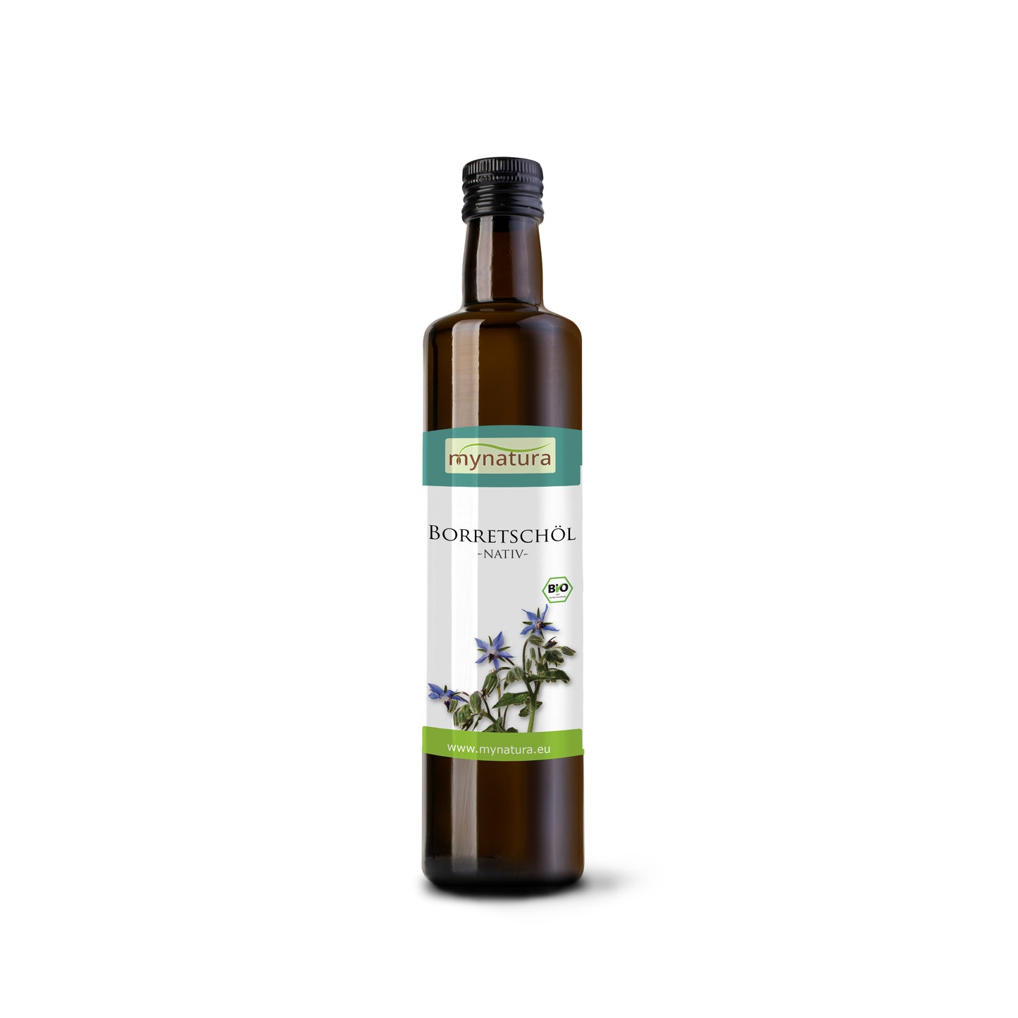 Braune Glasflasche mit Etikett von Mynatura, darauf der Produktname Borretschöl, Abbildung von Borretschblüten und Hinweis auf Bio-Qualität, kaltgepresstes Pflanzenöl, 250ml.