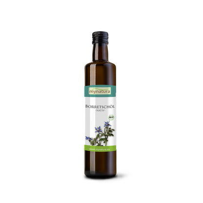 Braune Glasflasche mit Etikett von Mynatura, darauf der Produktname Borretschöl, Abbildung von Borretschblüten und Hinweis auf Bio-Qualität, kaltgepresstes Pflanzenöl, 250ml.