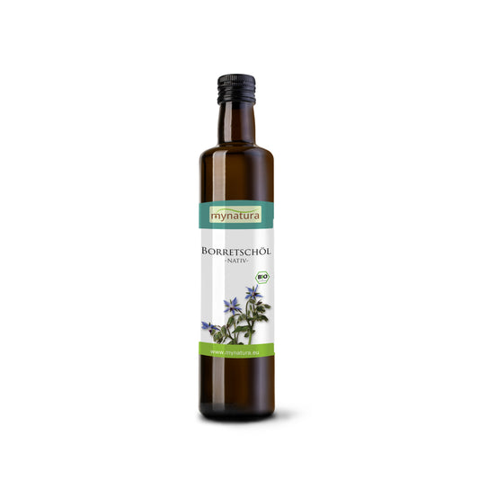 Braune Glasflasche mit Etikett von Mynatura, darauf der Produktname Borretschöl, Abbildung von Borretschblüten und Hinweis auf Bio-Qualität, kaltgepresstes Pflanzenöl, 250ml.