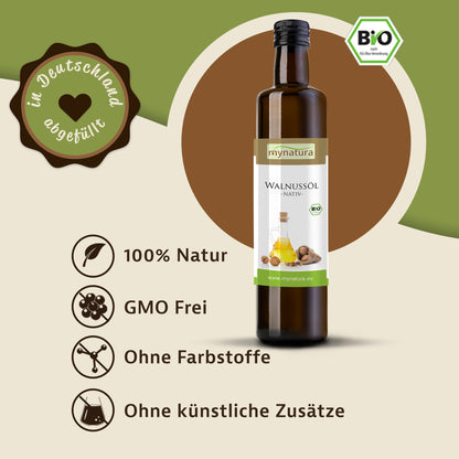 Walnussöl-Flasche vor grünem Hintergrund, daneben Symbole und Hinweise zu 100% Natur, GMO-frei, ohne Farbstoffe und künstliche Zusätze.
