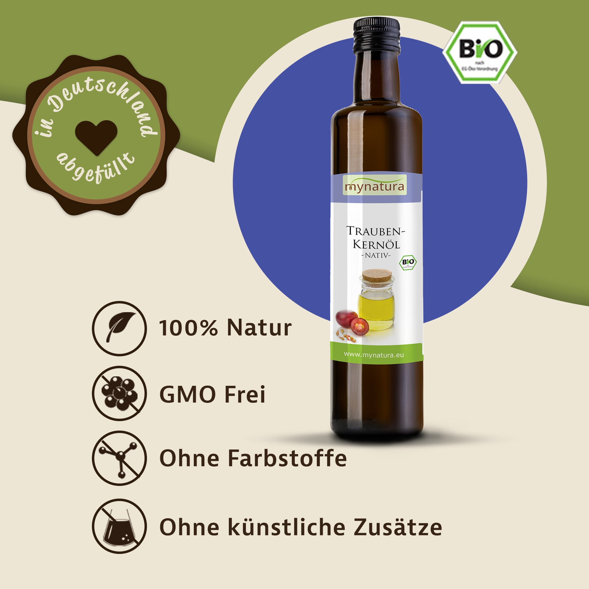 Myna Traubenkernöl in Glasflasche vor grün-blauem Hintergrund, daneben Symbole und Text zu natürlichen Eigenschaften und Bio-Zertifikat.