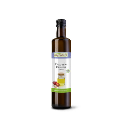 Traubenkernöl in brauner 250ml Glasflasche von myna, freigestellt auf weißem Hintergrund mit sichtbarem Etikett.