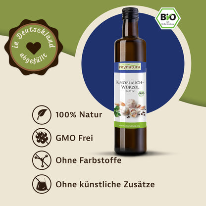 Knoblauchöl-Flasche von Mynatura 250ml auf beigem Hintergrund, daneben Symbole und Text zu natürlichen Eigenschaften und Bio-Siegel.