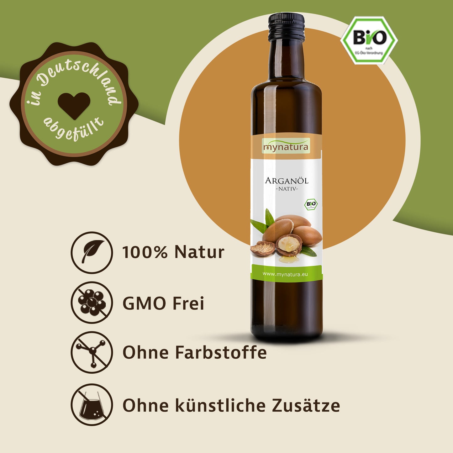 Mynat Arganöl Glasflasche 250ml auf beigem Hintergrund mit Siegeln und Icons zu Qualität, Natur und ohne Zusätze.