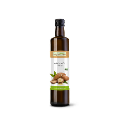 Arganöl Glasflasche von mynat mit 250ml Inhalt, freigestellt auf weißem Hintergrund, Etikett mit Arganfrüchten.