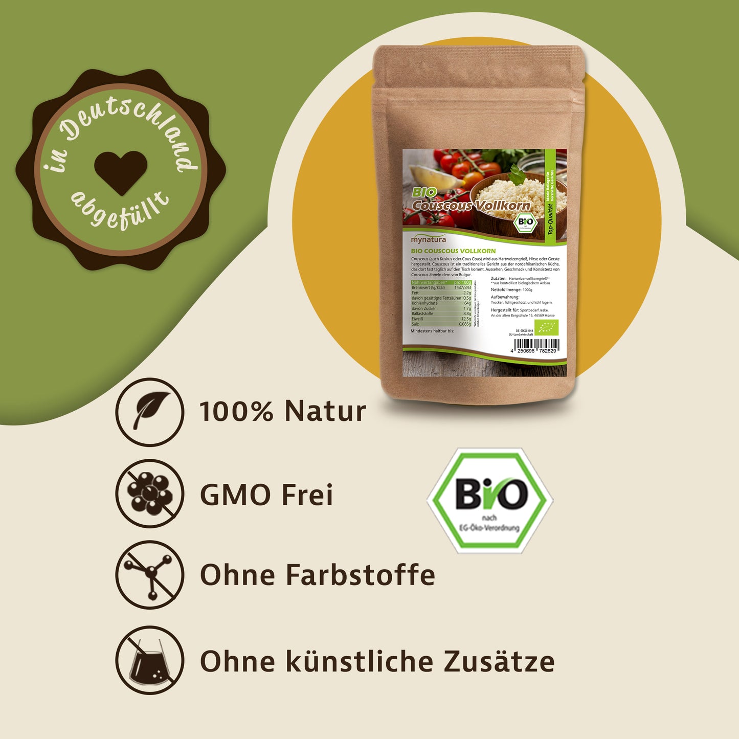 Beutel Bio Vollkorn Couscous von Mynatura auf beigem Hintergrund, daneben Symbole für Superfood, natürliche Zutaten und ohne Zusatzstoffe, geeignet für deine Gerichte.