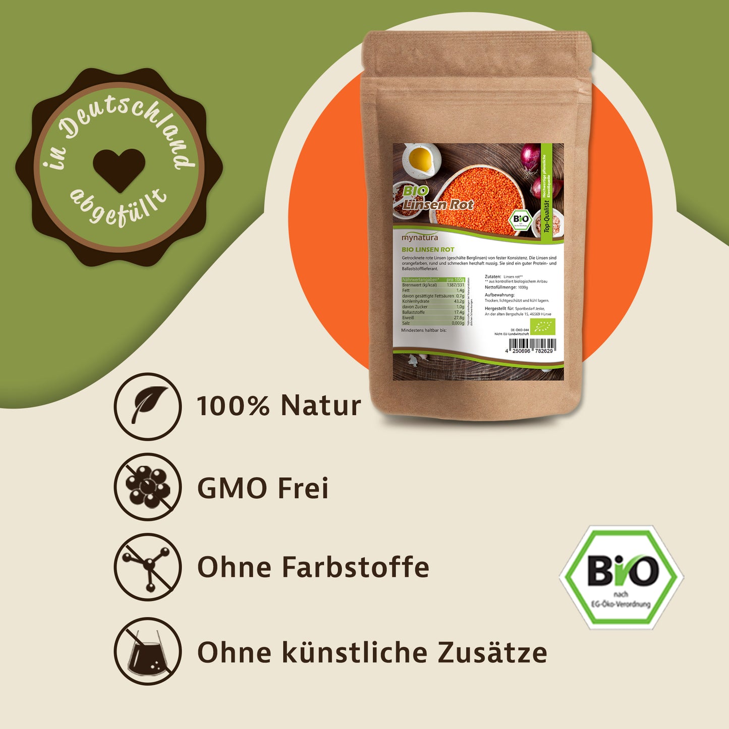 Produktbeutel Mynatura rote Linsen vor grün-beigem Hintergrund, mit Symbolen und Text zu Eigenschaften wie 100% Natur und ohne Farbstoffe.