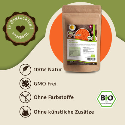 Produktbeutel Mynatura rote Linsen vor grün-beigem Hintergrund, mit Symbolen und Text zu Eigenschaften wie 100% Natur und ohne Farbstoffe.