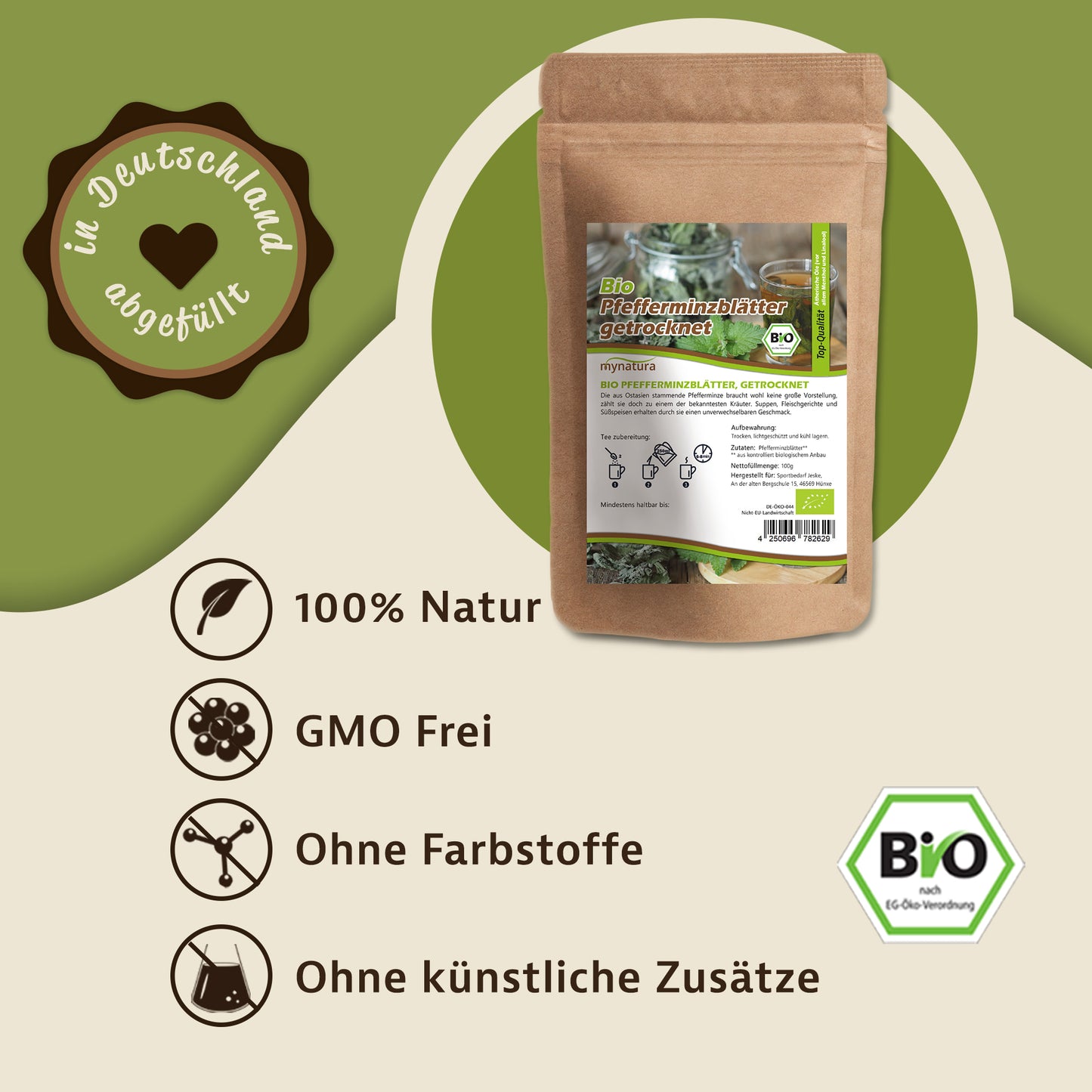 Beutel Bio Pfefferminzblätter getrocknet 100g von mynatura auf grünem Hintergrund mit Icons zu natürlichen Eigenschaften