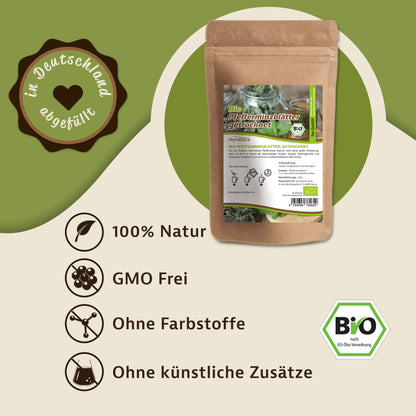 Beutel Bio Pfefferminzblätter getrocknet 100g von mynatura auf grünem Hintergrund mit Icons zu natürlichen Eigenschaften
