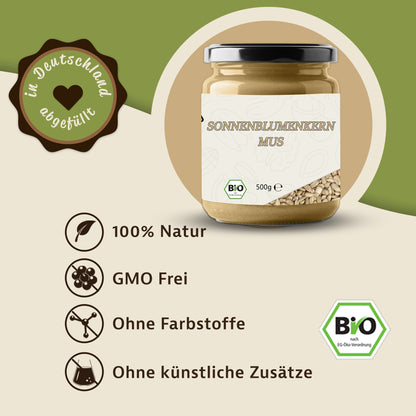 Sonnenblumenkernmus im Glas mit 500g auf einer Infografik zu natürlichen Eigenschaften wie ohne Farbstoffe und GMO-frei.