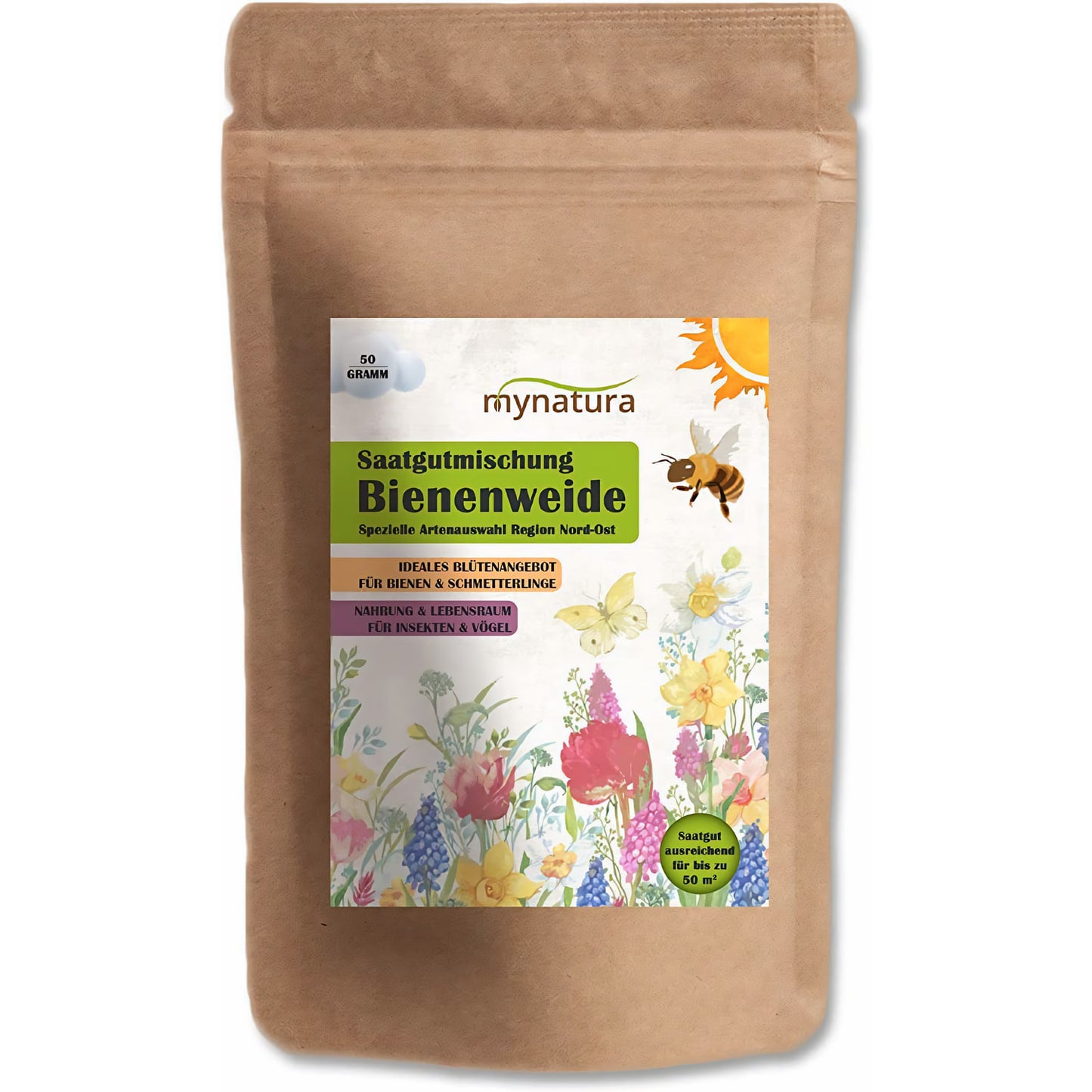 Frontalansicht des Standbeutels Mynatura Bienenweide Nord-Ost mit farbigem Etikett und Illustrationen von Blumen und Bienen auf weißem Hintergrund.