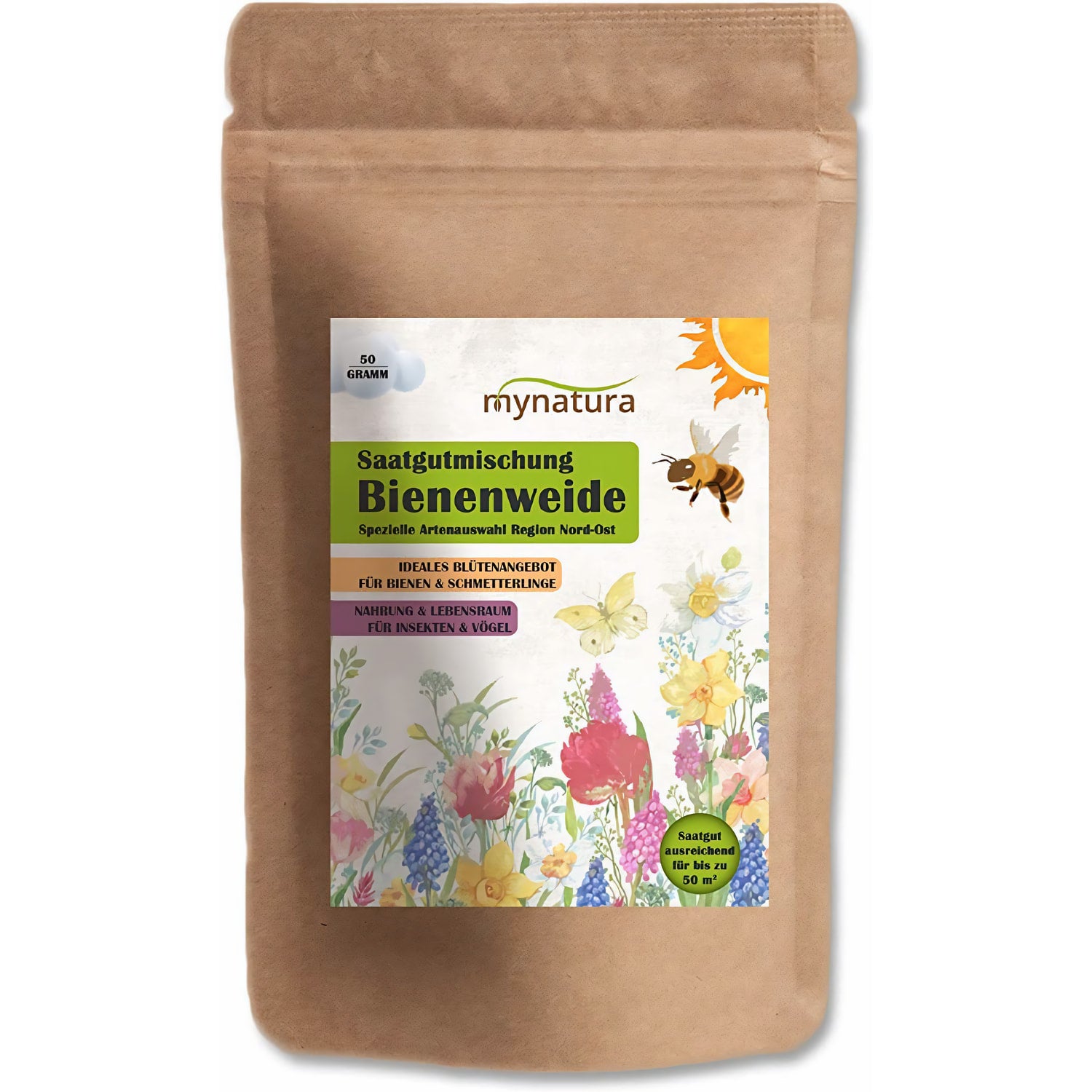 Frontalansicht des Standbeutels Mynatura Bienenweide Nord-Ost mit farbigem Etikett und Illustrationen von Blumen und Bienen auf weißem Hintergrund.