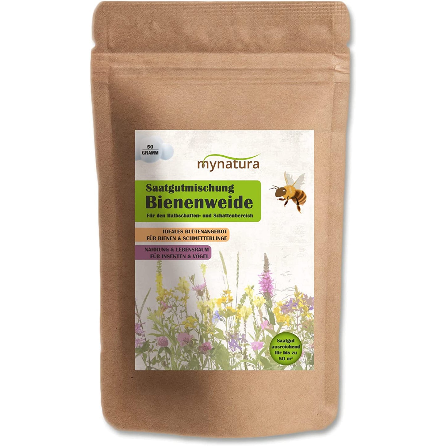 Bienenweide Saatgutmischung im braunen Standbeutel mit bunter Blumenillustration auf dem Etikett, geeignet für Schattenbereich und Wiesenfläche.