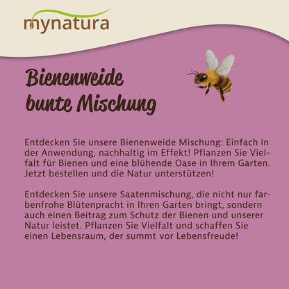 Infografik mit Text zur bunten Mischung der Bienenweide, Illustration einer Biene und Hinweise zur Anwendung im Garten.