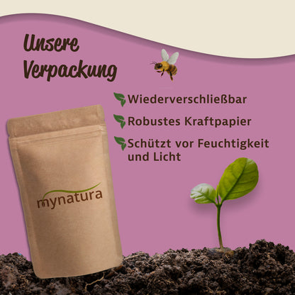 Verpackung der Bienenweide aus Kraftpapier, daneben ein Keimling in Erde, Hinweise auf Wiederverschließbarkeit und Schutz vor Feuchtigkeit, geeignet für Balkon und Garten.