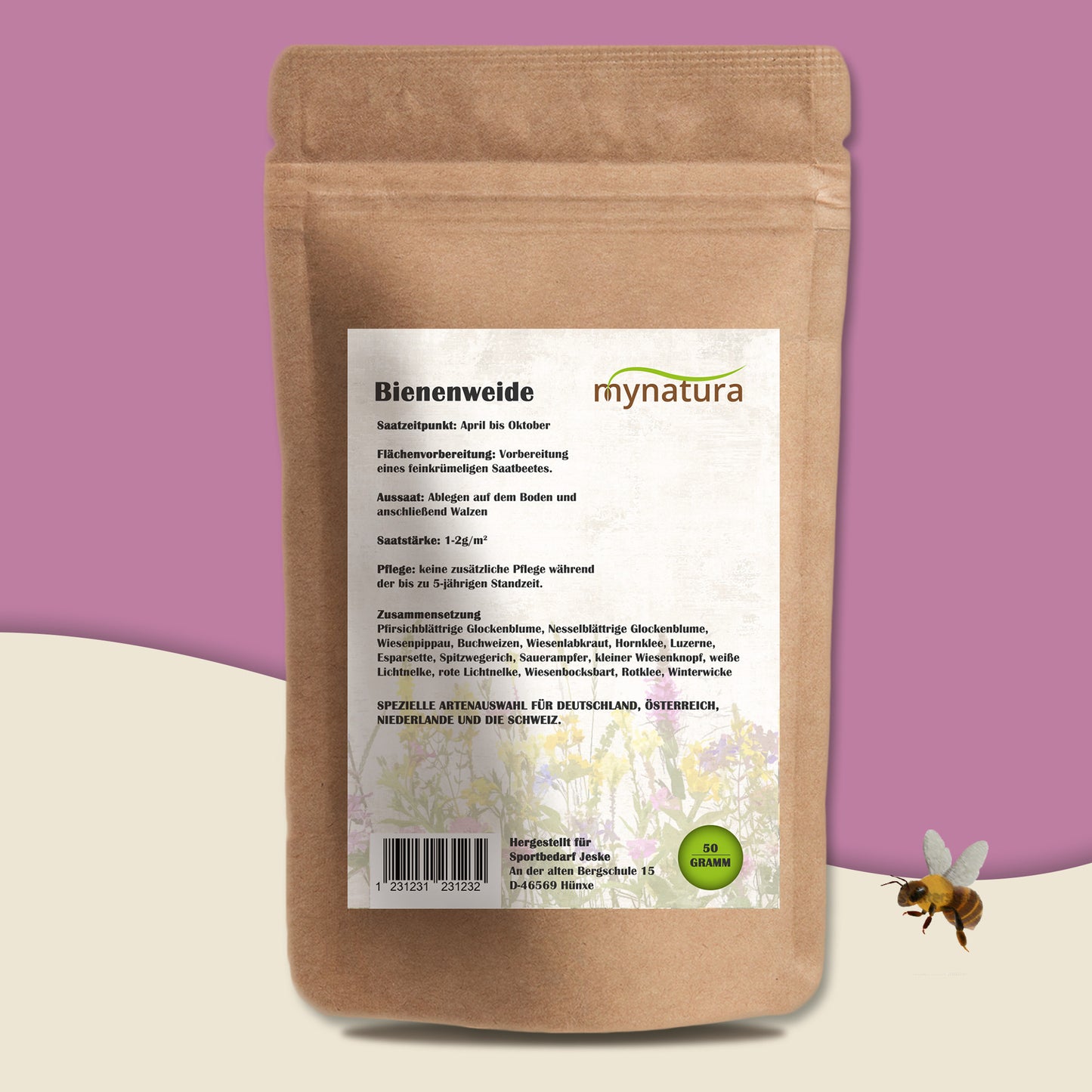 Rückseite der Bienenweide Verpackung mit detaillierten Angaben zu Aussaat und Zusammensetzung, geeignet für Halbschatten und Schattenbereich.