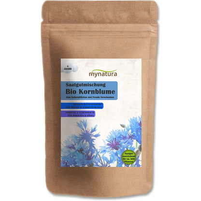 Freigestellte Tüte der Mynatura Bio Kornblume Saatgutmischung mit illustrierten blauen Kornblumen auf dem Etikett.