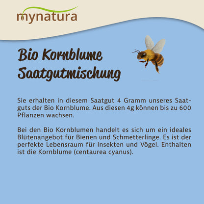 Infografik zur Mynatura Bio Kornblume Saatgutmischung mit Textinformationen und einer fliegenden Biene auf blauem Hintergrund.