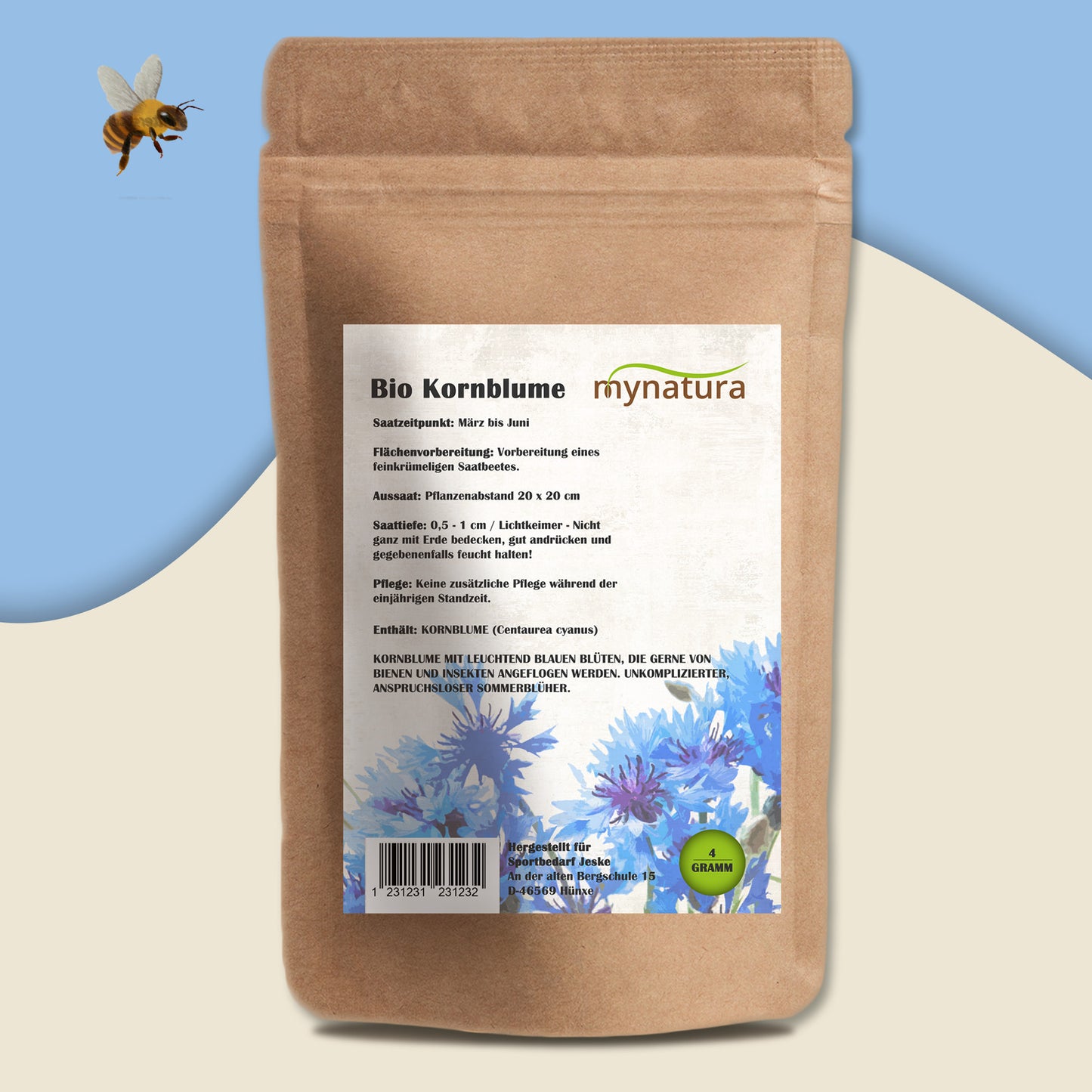 Rückseite der Mynatura Kornblume Saatgutmischung mit detaillierter Aussaat- und Pflegeanleitung sowie Zutatenliste auf dem Etikett.