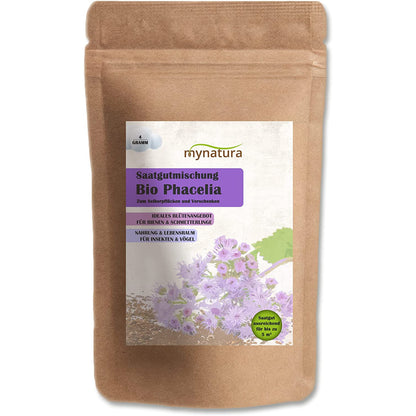 Mynatura Bio Phacelia saatgutmischung Beutel mit Etikett und lila Blumenabbildung auf weißem Hintergrund.