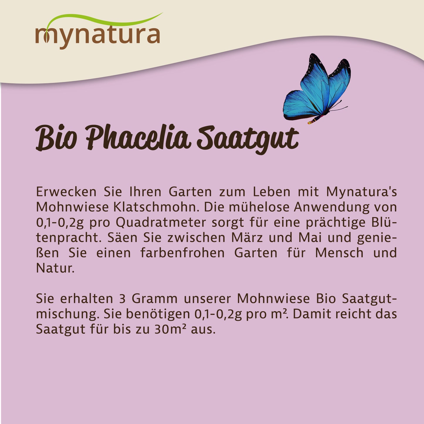 Infografik mit Text zur Anwendung von phacelia saatgut und einem blauen Schmetterling auf lila Hintergrund.