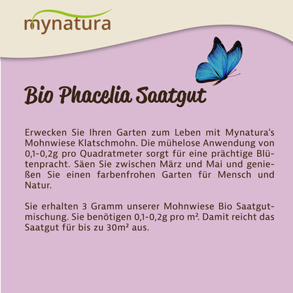 Infografik mit Text zur Anwendung von phacelia saatgut und einem blauen Schmetterling auf lila Hintergrund.