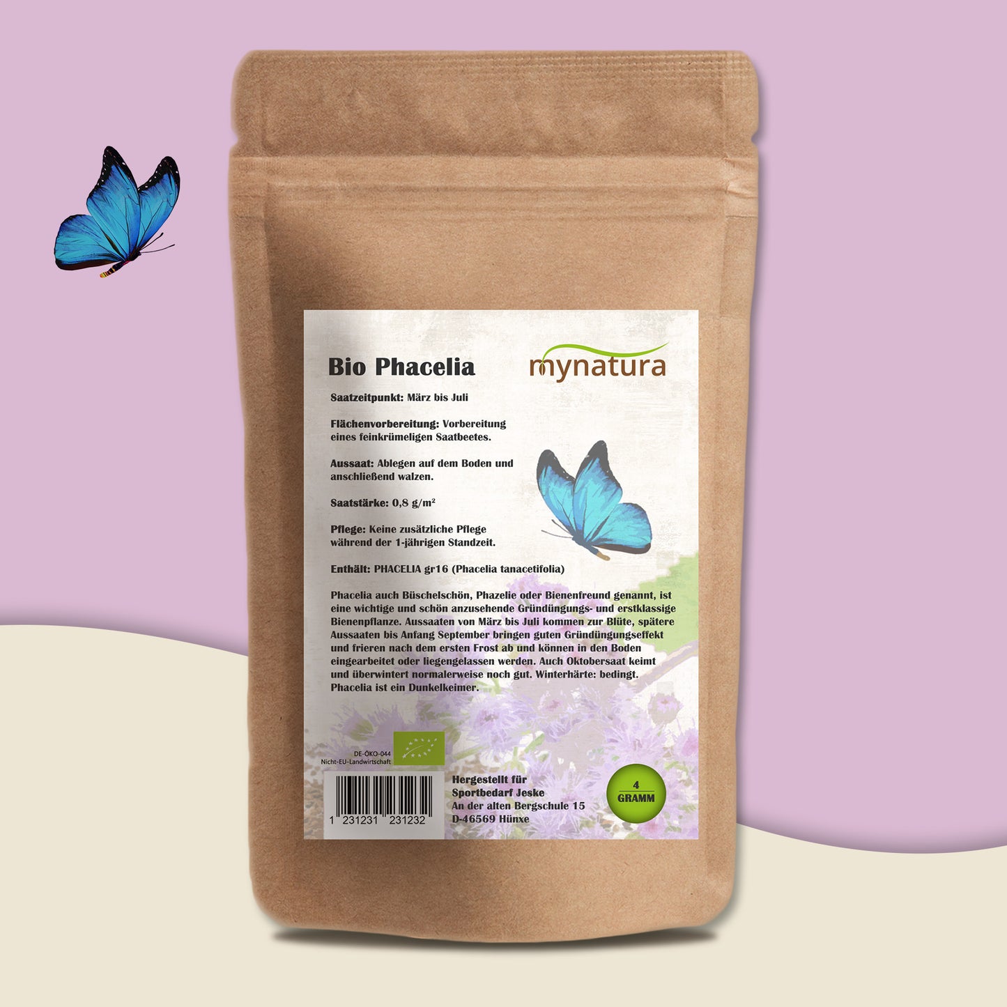 Rückseite des Mynatura phacelia saatgut Beutels mit Anwendungshinweisen, Schmetterling und Textfeld.