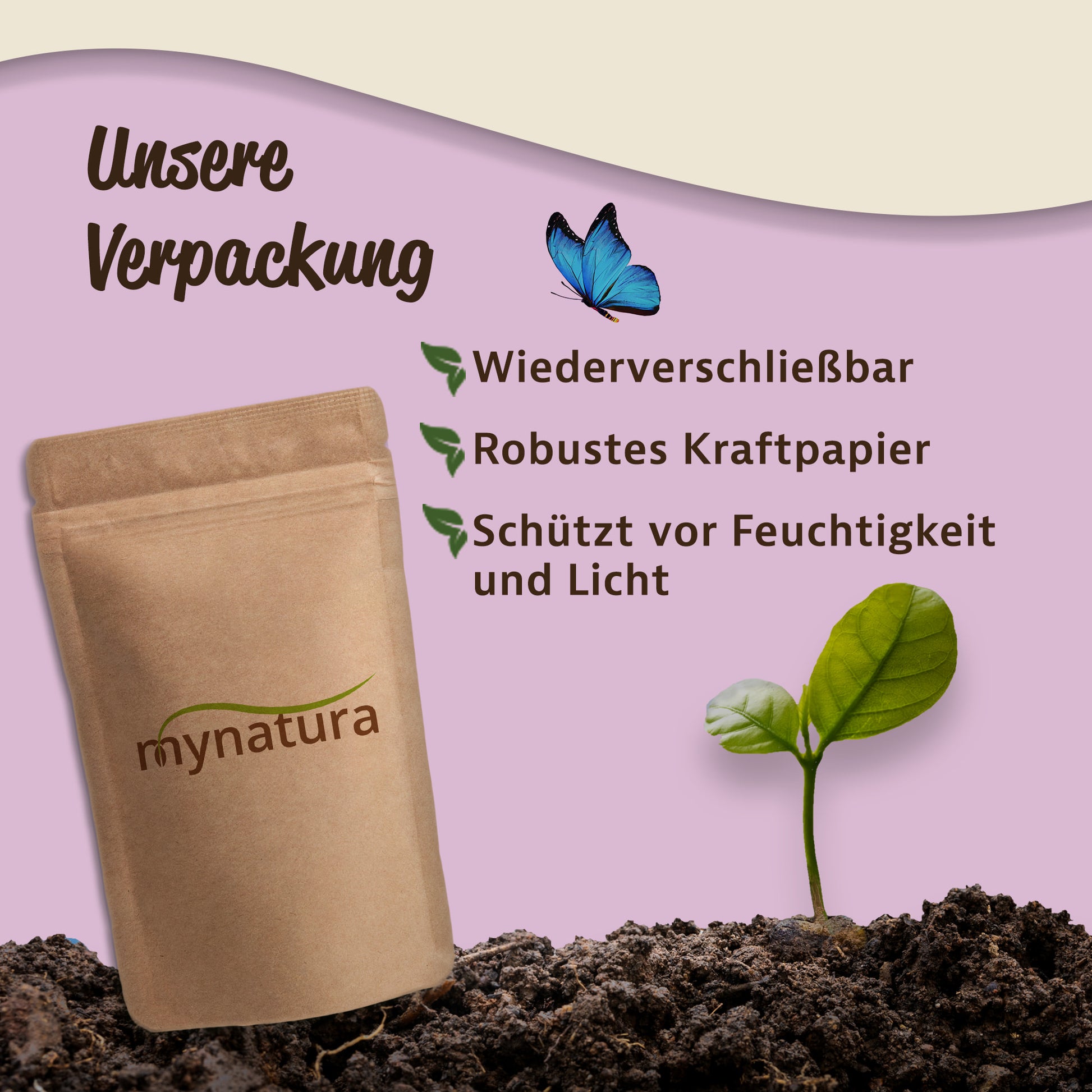 Verpackung der Mynatura phacelia saatgutmischung aus Kraftpapier neben Keimling und Infotext.