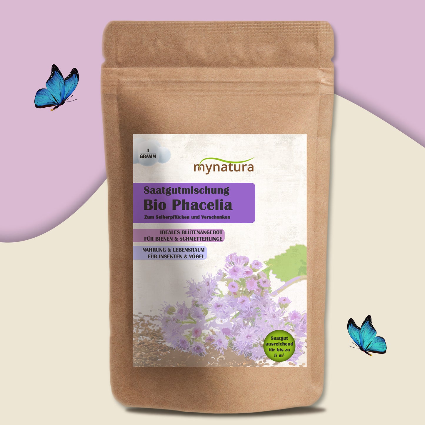 Mynatura Bio Phacelia saatgutmischung Beutel auf lila Hintergrund mit Schmetterlingen und Blumenmotiv.