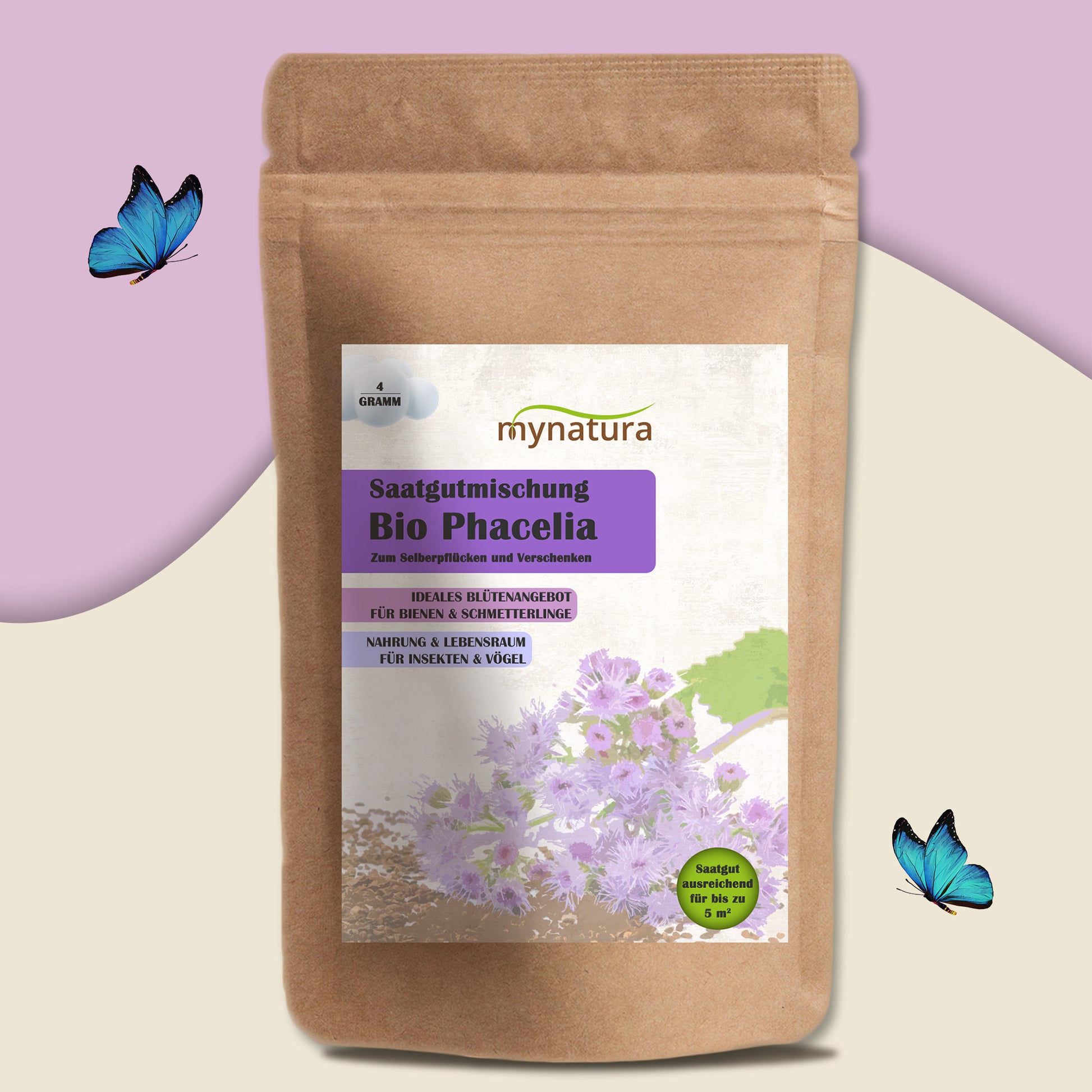 Mynatura Bio Phacelia saatgutmischung Beutel auf lila Hintergrund mit Schmetterlingen und Blumenmotiv.