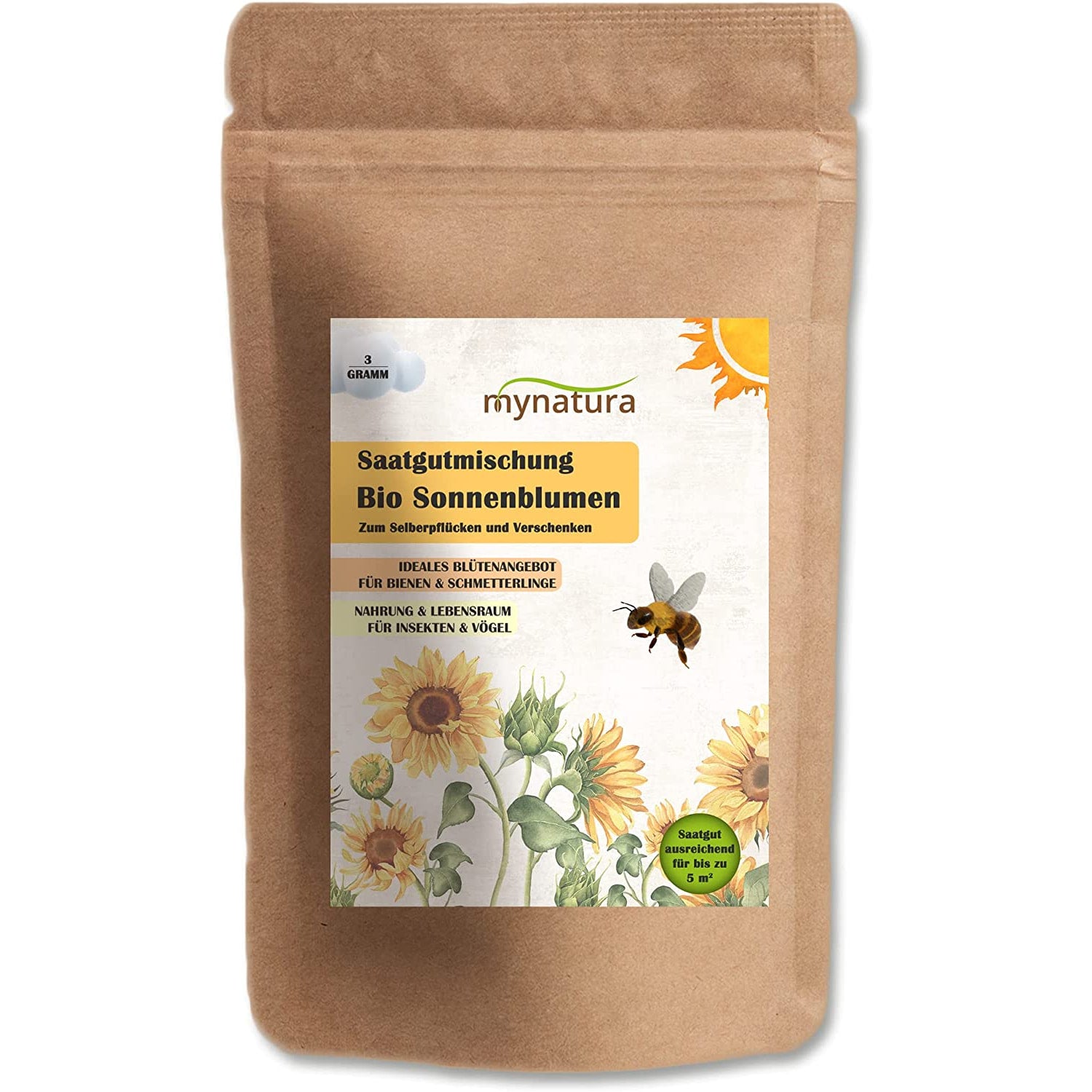Vorderseite der Mynatura Bio Sonnenblumen Saatgutmischung mit illustrierten Sonnenblumen und Biene auf dem Etikett, neutraler Hintergrund.