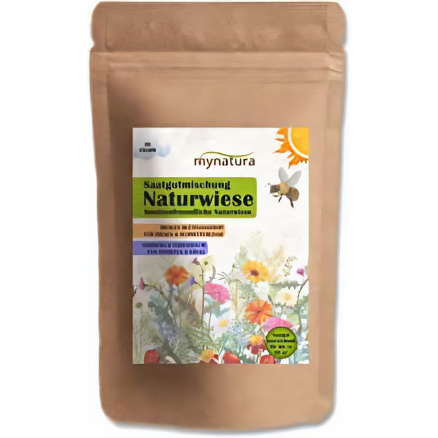 Frontalansicht des verschlossenen Standbeutels Mynatura Saatgutmischung Naturwiese mit Etikett und Blumenillustration.