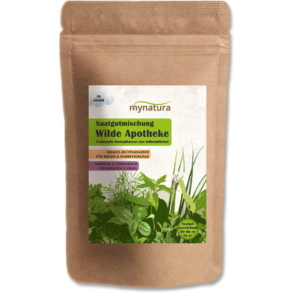 Vorderseite der Tüte mit Etikett Wilde Apotheke traditionelle Arzneipflanzen Saatgut für Garten und Wiesenfläche.