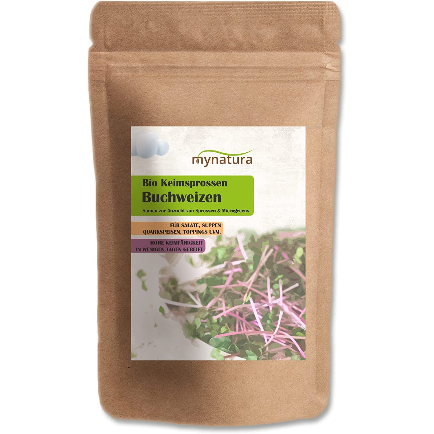 Beutel Mynatura Bio Keimsprossen Buchweizen 500g, Vorderansicht mit Etikett und Sprossenabbildung auf weißem Hintergrund.