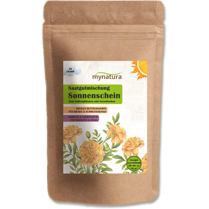 Nahaufnahme der Mynatura Saatgutmischung Sonnenschein im braunen Beutel mit Ringelblumen-Illustration und Produktlabel für Garten und Balkon.
