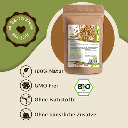 Bio Nackthafer Beutel von mynatura auf grünem Hintergrund, daneben Symbole zu Eigenschaften wie Superfood, ohne Farbstoffe und ohne künstliche Zusätze.