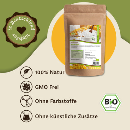 Mynatura Bio Maisstärke im 500g Beutel auf grün-beigem Hintergrund mit Icons zu 100% Natur, GMO-frei, ohne Farbstoffe und ohne künstliche Zusätze.