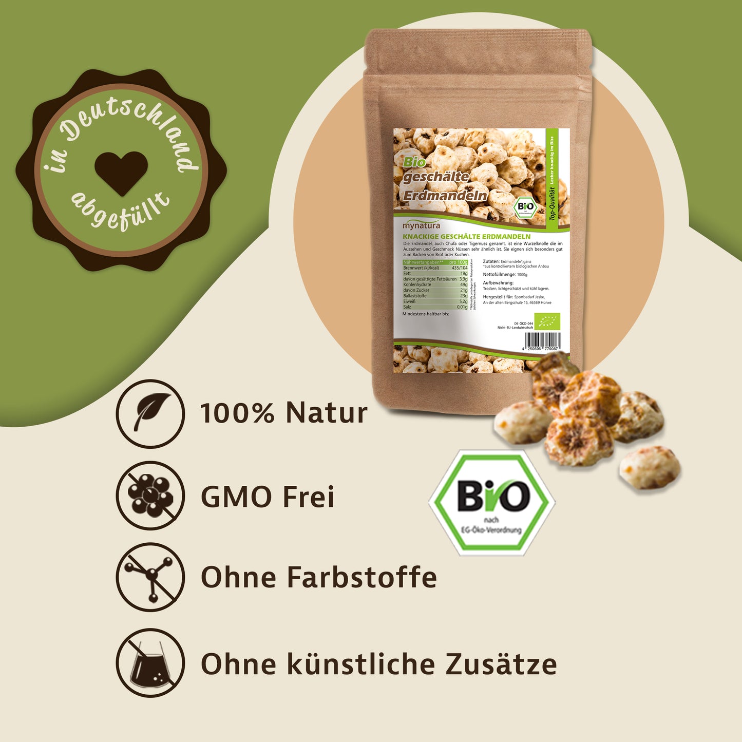 Beutel mynatura bio erdmandeln ganz geschält mit einzelnen erdmandeln und bio-siegel, daneben icons für natürliche zutaten und superfood