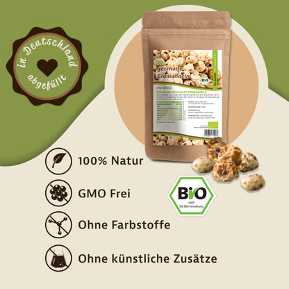 Beutel mynatura bio erdmandeln ganz geschält mit einzelnen erdmandeln und bio-siegel, daneben icons für natürliche zutaten und superfood