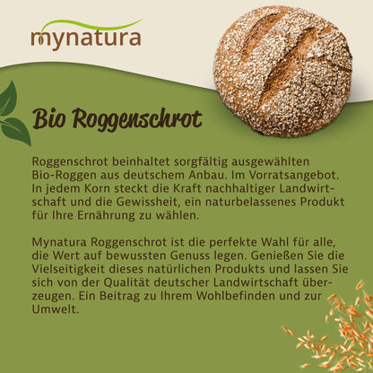 Anschnitt eines runden Brotes mit Roggenschrot auf grünem Hintergrund, daneben Text zu nachhaltigem Roggenschrot aus deutschem Anbau als vegane Zutat fürs Müsli.