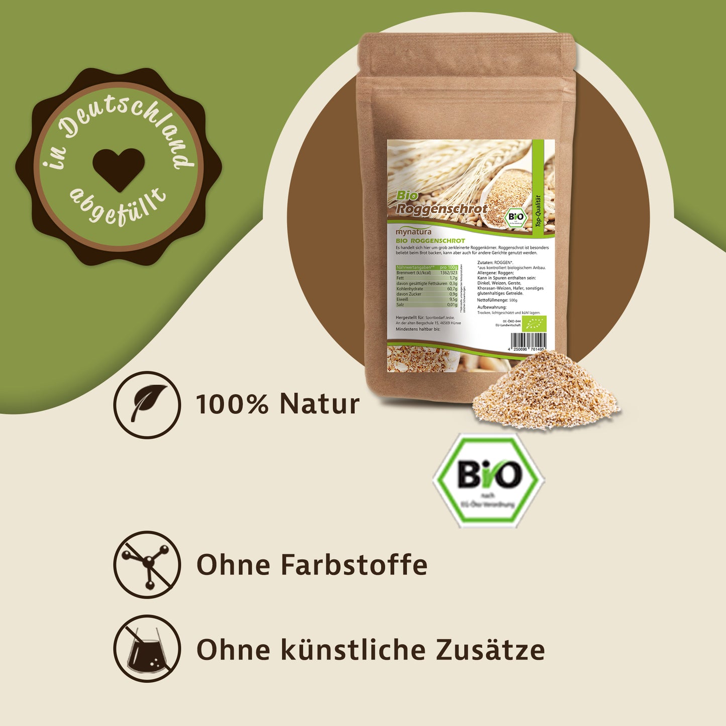 Mynatura Bio Roggenschrot Beutel mit losem Roggenschrot daneben, auf grün-beigem Hintergrund mit Symbolen für 100% Natur, ohne Farbstoffe und ohne künstliche Zusätze.