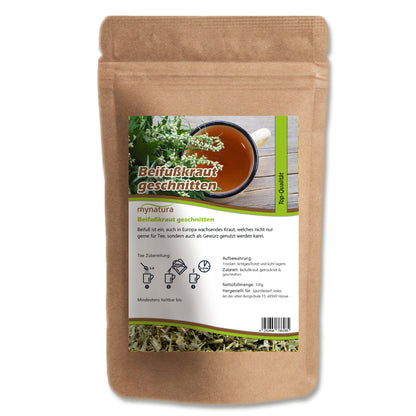 beifußkraut 100g im braunen Beutel, Vorderseite mit Etikett, Teetasse und kraut, Produkt steht auf weißem Hintergrund.
