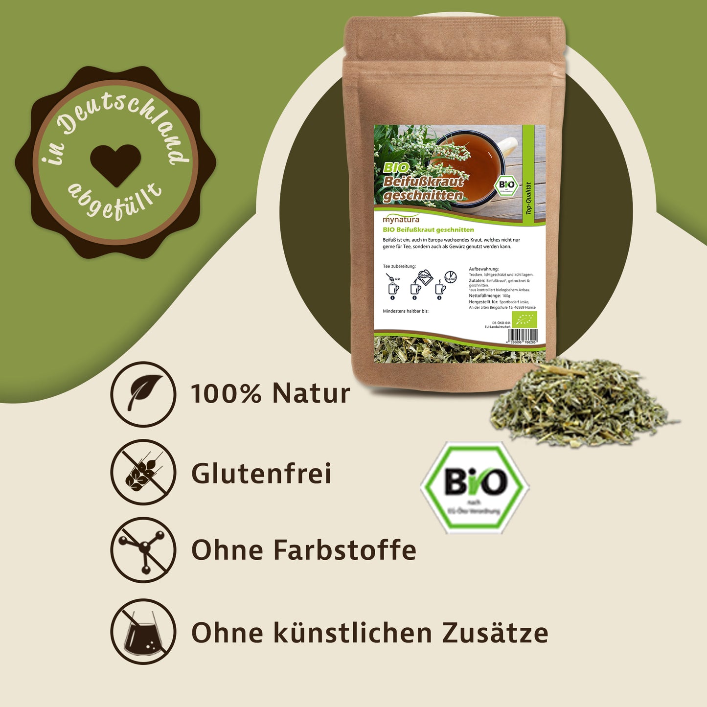 beifußkraut kaufen im braunen Beutel, daneben lose kräuter, auf grün-beigem Hintergrund mit Symbolen für Natur, glutenfrei, ohne Farbstoffe und Zusätze.