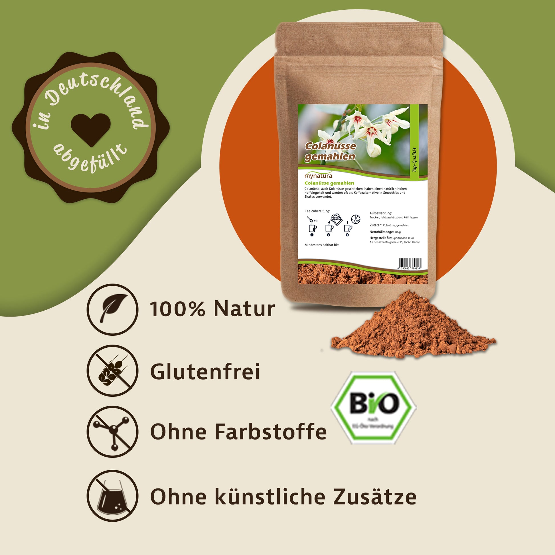 Werbegrafik mit Beutel gemahlener Colanüsse, Pulverhäufchen, Bio-Siegel und Symbolen für natürliche Nährstoffe, glutenfreie Snacks und Superfood ohne Zusätze.